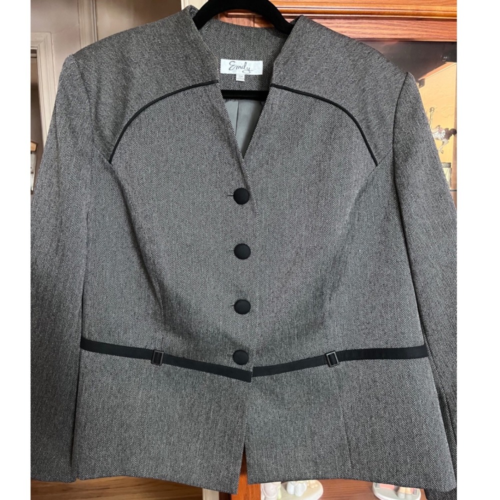 Emily Womens Gray Herringbone Collarless Button Front Blazer Jacket Size 20W